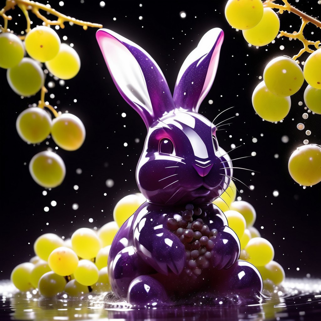 masterpiece, best quality, hyper-realistic, ultra-HD, intricate textures, luminous lighting, cinematic ambiance, shimmering gradients, ethereal glow, deep contrast, very aesthetic, one green grape bunny, in a field full of green grapes, day, sparkles, outside, (((full body)))