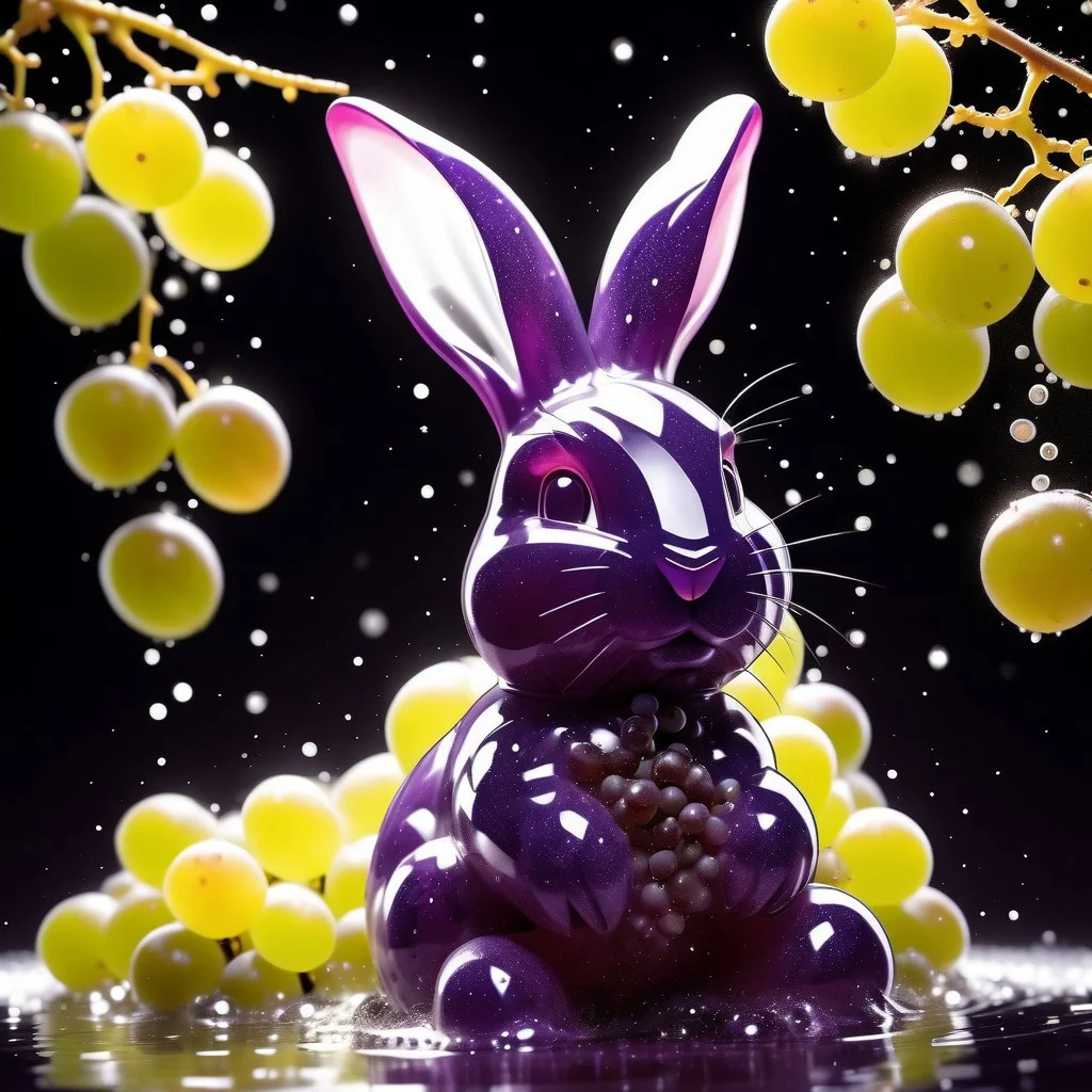 masterpiece, best quality, hyper-realistic, ultra-HD, intricate textures, luminous lighting, cinematic ambiance, shimmering gradients, ethereal glow, deep contrast, very aesthetic, one green grape bunny, in a field full of green grapes, day, sparkles, outside, (((full body)))