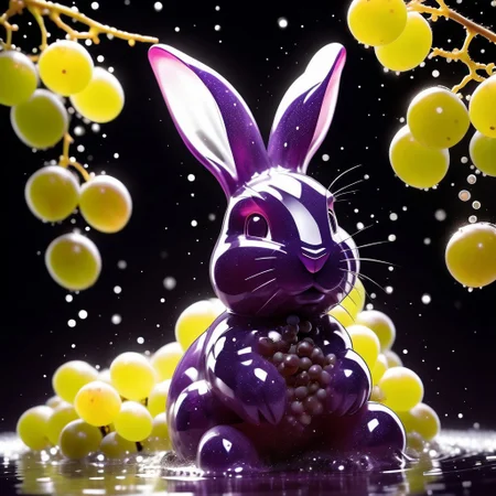 masterpiece, best quality, hyper-realistic, ultra-HD, intricate textures, luminous lighting, cinematic ambiance, shimmering gradients, ethereal glow, deep contrast, very aesthetic, one green grape bunny, in a field full of green grapes, day, sparkles, outside, (((full body)))