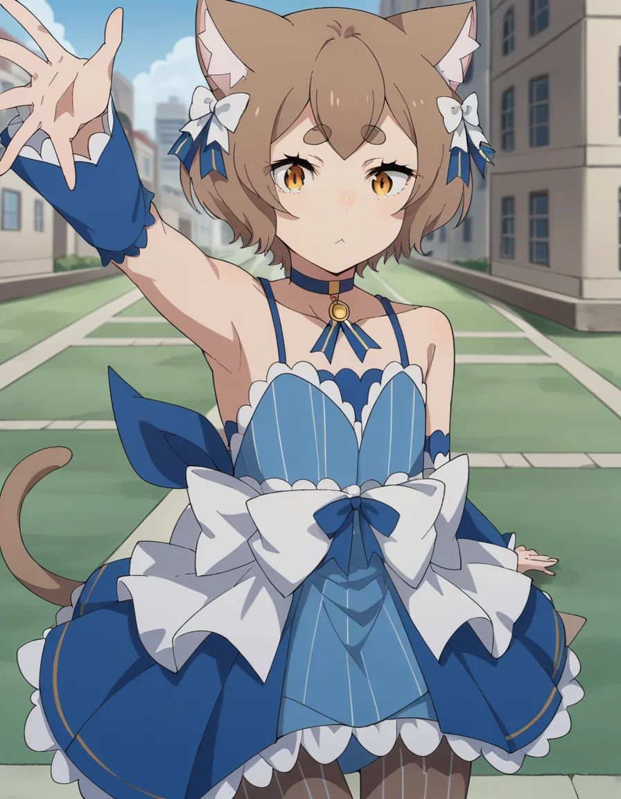 score_9, score_8_up, score_7_up, source_anime, <lora:felix-argyle-s3-p1-ponyxl-lora-nochekaiser:1>, felix argyle, short hair, bangs, brown hair, bow, animal ears, hair bow, male focus, cat ears, eyelashes, bob cut, thick eyebrows, white bow, otoko no ko,, dress, bare shoulders, collarbone, jacket, tail, pantyhose, detached sleeves, choker, striped, blue dress, vertical stripes, crossdressing, frills, skirt,, military base, soldiers, secure, buildings, training, , on back, arm support, arms up, incoming hug, pov, reaching, reaching towards viewer,, looking at viewer, solo,, dutch angle, cowboy shot