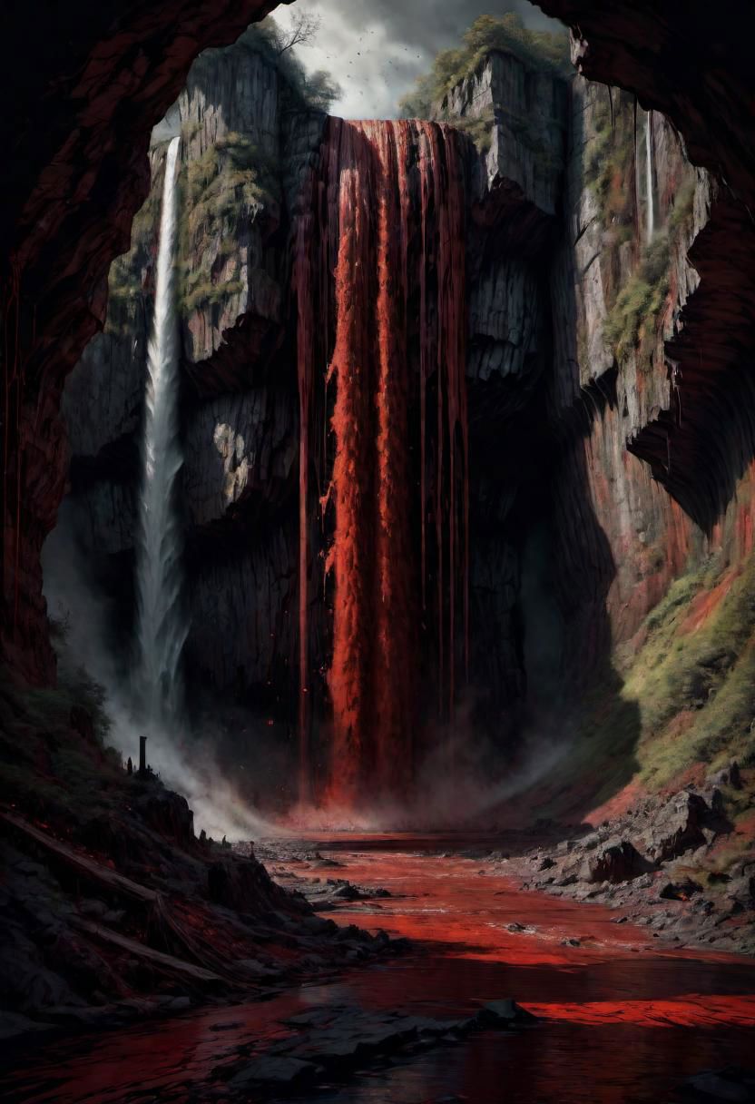 a landscape of a waterfall of ((blood)),
 masterpiece, highly detailed,
EdobHorrorLandscape,
horror, dark,