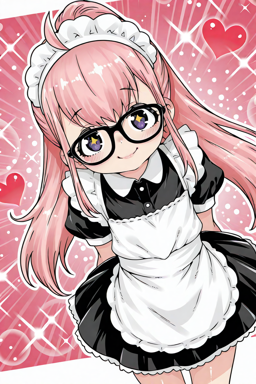 detailed background, shiny skin, posing,
safe, general, 
heart, bloom, glitter, sparkle, 
<lora:mdoh.il:1>,
mdoh,
lojisanaaa, pink hair, 
clothed girl, 
maid costume, 
cowboy shot, dynamic angle,