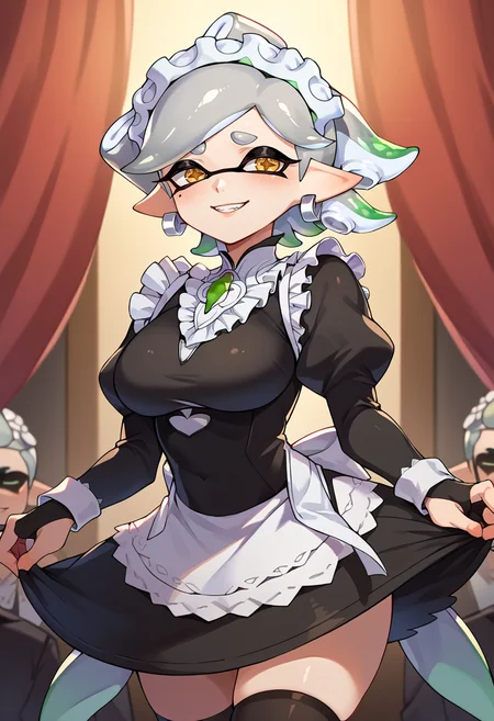 score_9, score_7_up, source_anime, stage, smile, BREAK <lora:marie:0.9> marieSDXLl, marie (splatoon), 1girl, yellow eyes, +_+, tentacle hair, grey hair, short hair, mole under eye, large breasts, pointy ears, earrings, object on head, food on head, <lora:fatesmaid-fe-richy-v1_pdxl:0.8> fates maid, maid headdress, maid apron, bridal gauntlets, black thighhighs,