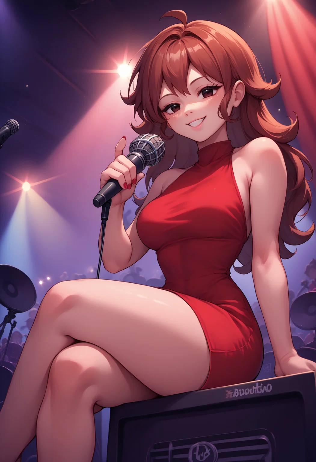 score_9, score_8_up, score_7_up, source_anime, 1girl, cowboy shot, girlfriend \(friday night funkin'\), red dress, sleeveless dress, short dress, bare shoulders, <lora:GirlfriendXLPDLoCon-000005:1>, seductive smile, microphone, holding microphone, stage, stage lights, singing, music box, sitting, crossed legs,