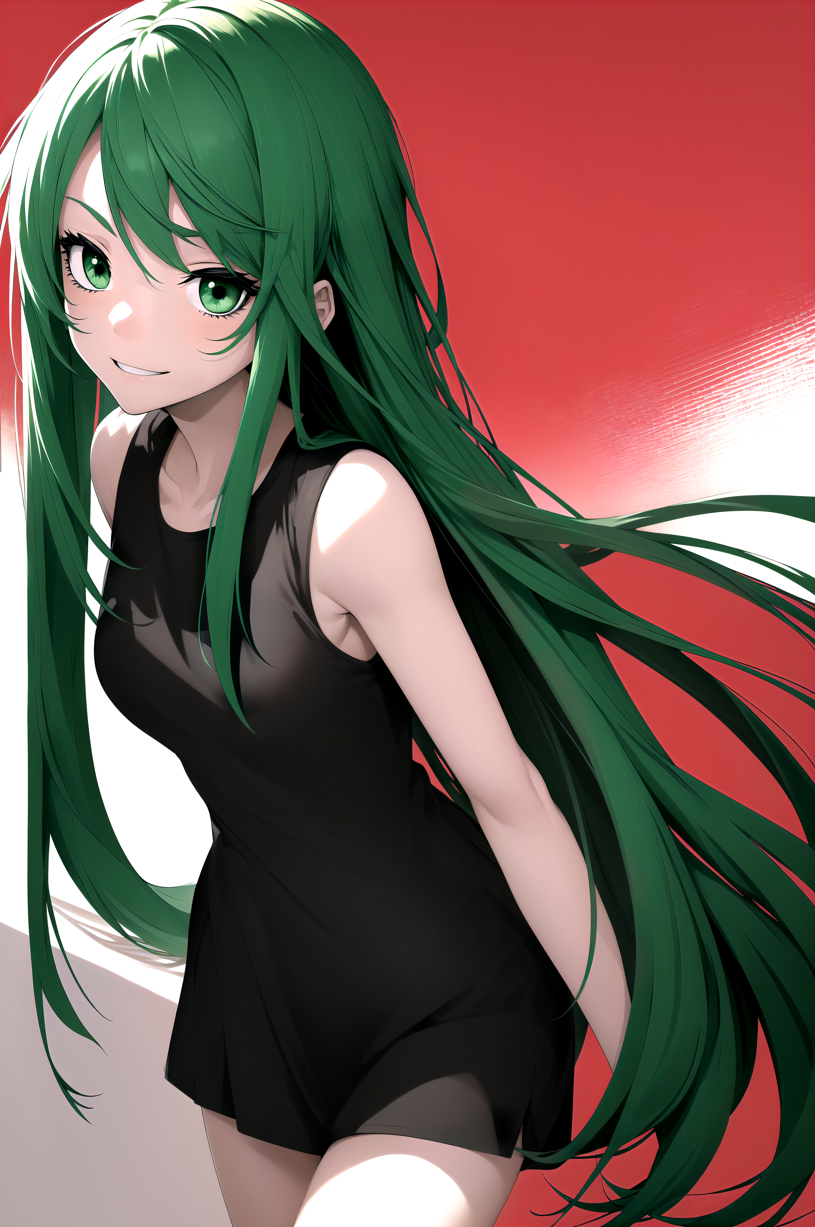 highres, best quality, masterpiece, perfect shadow, very detailed, hyper detailed, detailed clothes, high resolution illustration,
BREAK
green hair, long hair, green eyes, straight hair, smile, teeth, slim, pale skin, slim, narrow waist, small breasts, black sundress, straight dress
BREAK
red wall background, simple background,