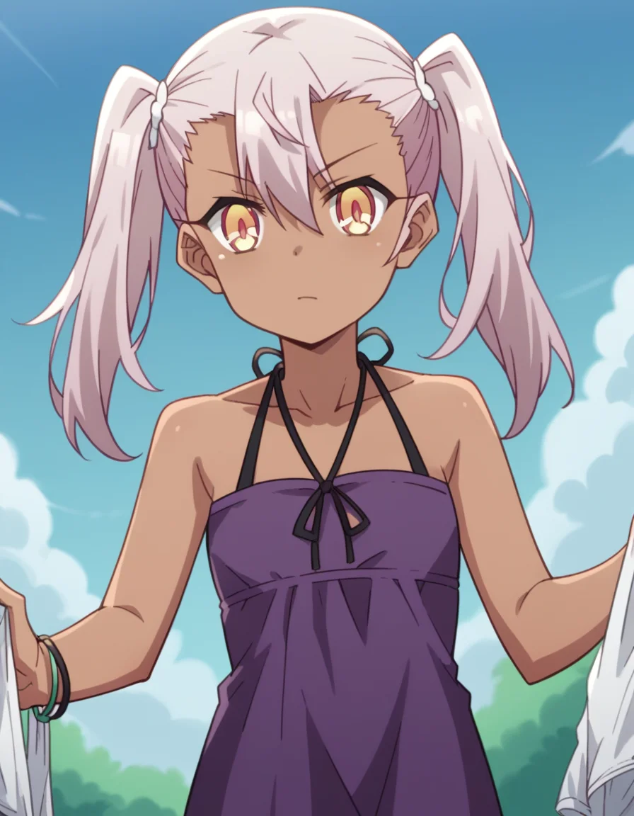 score_9, score_8_up, score_7_up, source_anime, <lora:chloe-von-einzbern-prisma-s2s3-ponyxl-lora-nochekaiser:1>,, chloe von einzbern, long hair, hair between eyes, yellow eyes, pink hair, dark skin, dark-skinned female,, twintails, dress, bare shoulders, collarbone, bracelet, halterneck, purple dress,, laundry day, clothesline, drying clothes, domestic life, fresh air, blue sky, , looking at viewer, hand making an OK sign, solo,, cowboy shot, dutch angle