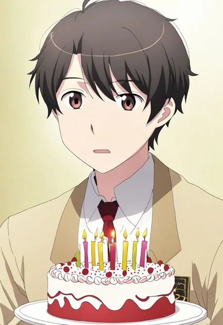 high resolution, solo, best quality, 1Boy, Inaho Kaizuka, Black Hair, Brown Eyes, surprise, birthday surprise, birthday cake, birthday party, OverallDetail