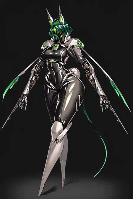 score_9, score_8_up, score_7_up, score_6_up, score_5_up, score_4_up, BREAK, source_anime, solo, 1girl, rating_safe, ((mature female)), ((long green flowing hair)), mechanical parts, ((plastic, polymer, metal body)), (big mechanical rabbit ears), mature female, (bunny ears), (animal ears), subdermal port, ((milf, mature female, big breasts)), hexagon lines in skin, naval uniform overcoat, naval uniform, white military uniform, dress_uniform, ribbons, ((red eyes)), bunny tail, rabbit tail, aiguillette, ((green hair)), ascot, ((Eye-level angle (from the side) view Extreme Close shot (focus on chest), Walking with a spring in the step )), pilot suit, shoulder cutout, bunny rabbit Tail, ((hair over one eye, )), digitigrade, clawed feet, minimal clothes, ((metal skin, shiny skin, vampire aesthetic, digital eyes, filled eyes, monochromatic eyes, glowing eyes, colored sclera, red sclera, mechanical eyes, partially shaded face, slit pupils, angular, minimal face, minimalism, narrow eyes, large eyes)), (anubis \(mythology\), anubis \(mythology\), ), <lora:Pony_DetailV2.0:1.5>, <lora:age_slider_v4:4>, ((dark, shaded, black background, horror, GREEN HAIR,)) <lora:ECHANIS:0.7>,    <lora:Latex_Dungeon_ZXC_Style_Pony_-_Snoodler:1> ldzxc_style