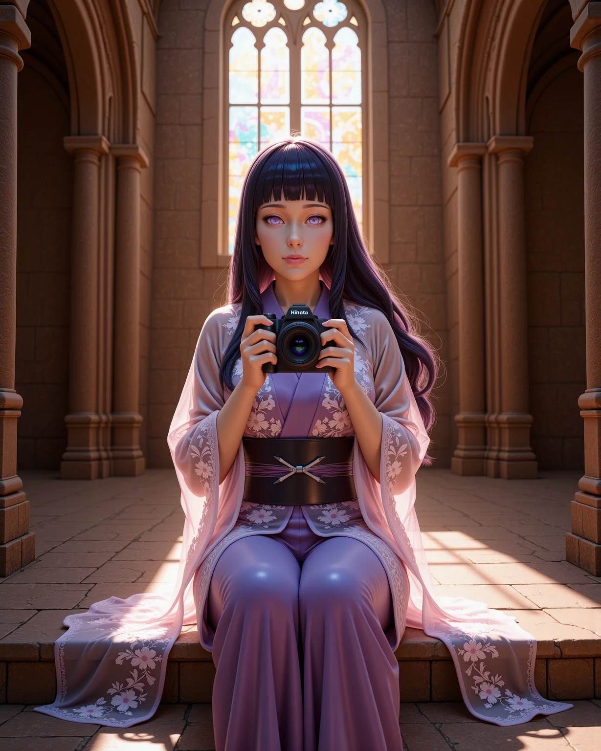 -looking at viewer, outdoors daylight, a 20 year old adult mature woman.
3d CGI Style, front view photo of.
<lora:Naruto_-_Hinata_v2-000030:1> n-hinata, purple eyes, blunt bangs, black hair Sheer lace kimono with floral embroidery, long sleeves, and an open front
A woman sits on the stone steps of an ancient church, her camera poised as she captures the beauty of sunlight streaming through stained glass windows, the colors dancing on the floor beneath her.