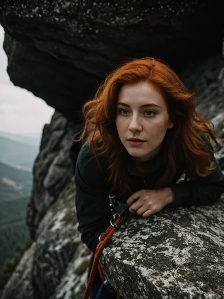 hdr, a redhead woman, climbing on mountains, closeup, intricate details, hyperdetailed, cinematic, dark shot, muted colors, film grainy, soothing tones, muted colors, technicolor, (muddy:0.6)