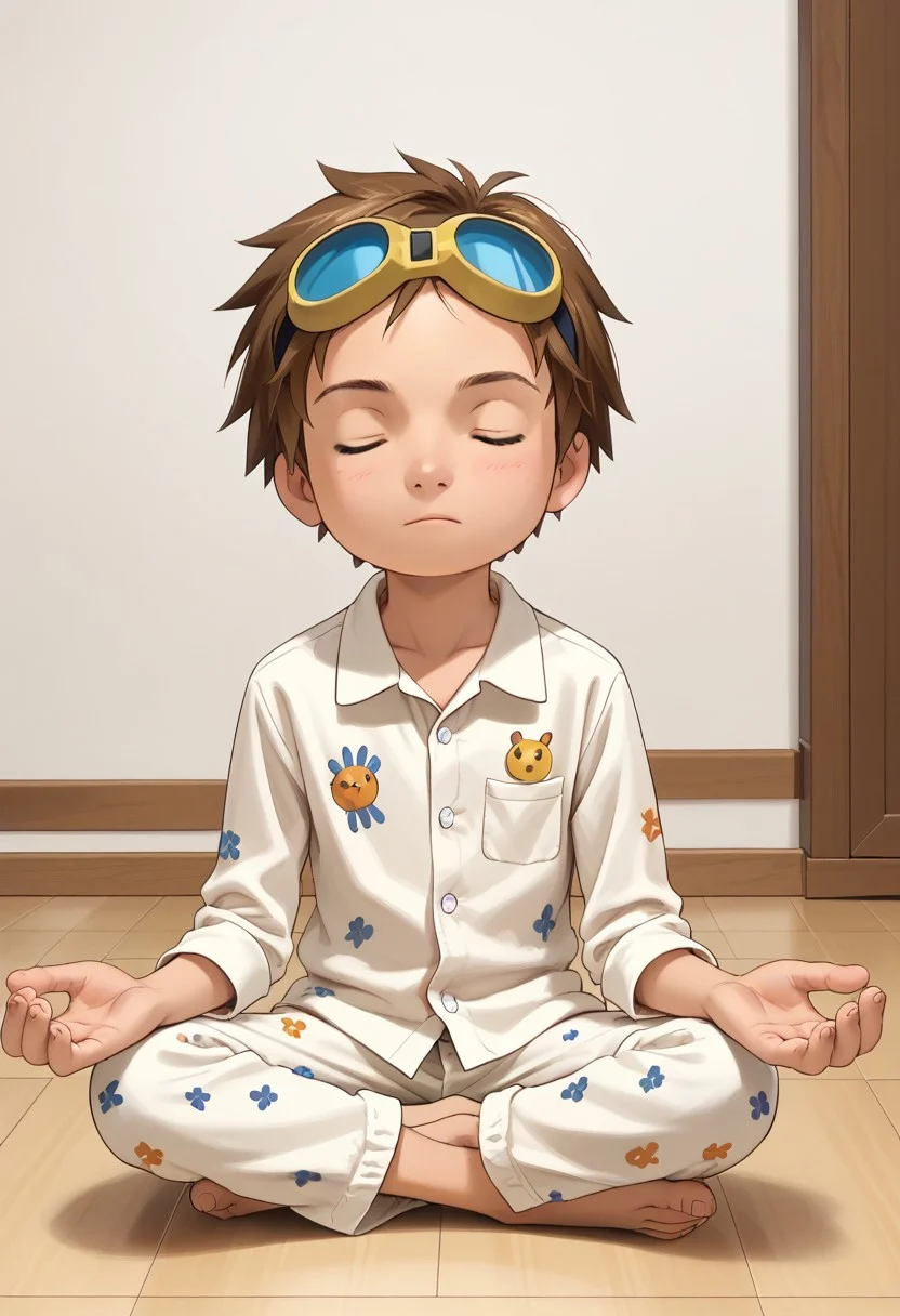 score_9, score_8_up, score_7_up, zPDXL2,
,
1boy, solo, goggles on head, brown hair,
Standing in the room wearing pajamas
hud_m3dit4tion, indian style, sitting, on floor, , pants, facing viewer, barefoot, closed eyes,