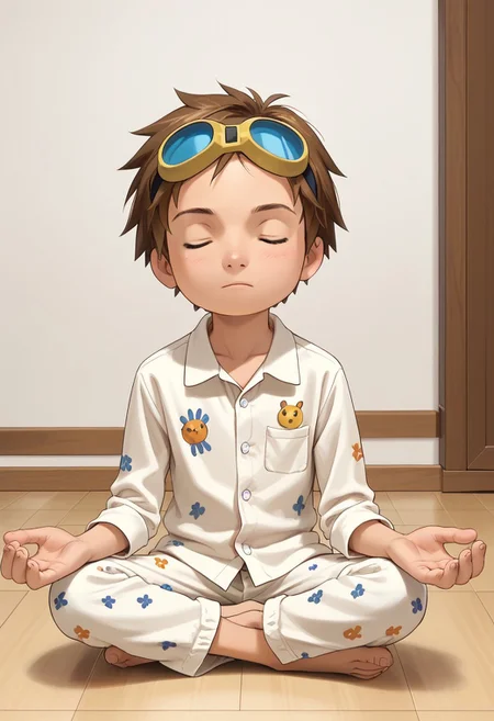 score_9, score_8_up, score_7_up, zPDXL2,
,
1boy, solo, goggles on head, brown hair,
Standing in the room wearing pajamas
hud_m3dit4tion, indian style, sitting, on floor, , pants, facing viewer, barefoot, closed eyes,
