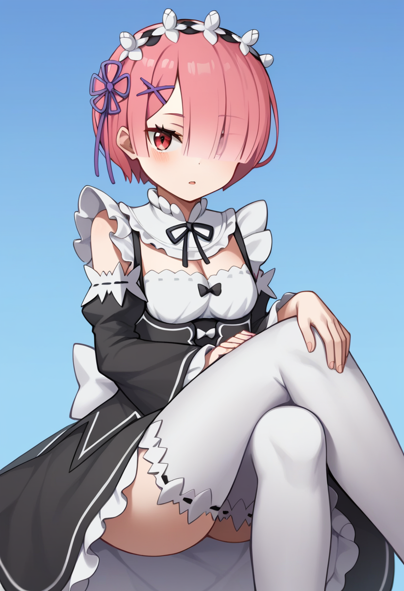 score_9,score_8_up,score_7_up,<lora:ram_pony:1>,hair_over_one_eye,frilled_sleeves,solo,ribbon,detached_sleeves,thighhighs,maid_headdress,ram_\(re:zero\),frilled_apron,frilled_dress,roswaal_mansion_maid_uniform,parted_lips,blue_background,crossed_legs,simple_background,highres,1girl,