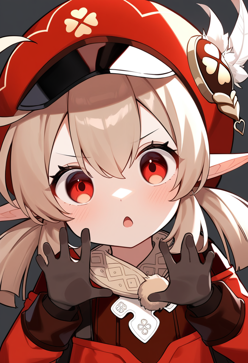 masterpiece,best quality,very aesthetic,absurdres,1,<lora:against_fourth_wall_xl:1>,against_fourth_wall, 1girl, klee_\(genshin_impact\), solo, upper_body, hands_up, eyebrows_hidden_by_hair, light_brown_hair, long_hair, v-shaped_eyebrows, bad_id, bad_pixiv_id, black_gloves, cabbie_hat, commentary_request, grey_background, hair_between_eyes, hat_feather, long_sleeves, low_twintails, partial_commentary, pointy_ears, red_dress, red_eyes, red_hat, simple_background, white_feathers