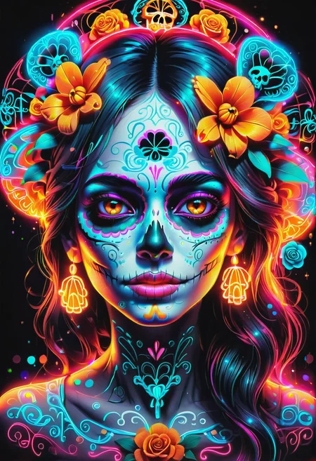 a beautiful woman's face close painted with el Día de Muertos. the artwork is neon and glowing <lora:SDXLFaeTastic2400:1>