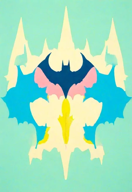 A pop art rorschach-test resembling batman, symmetrical, pastel colorful