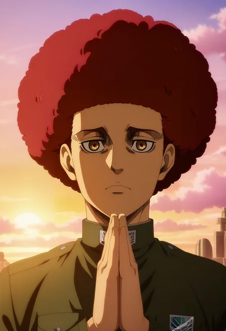 masterpiece, best quality, anime screencap, anime coloring, official style, intricate details, looking at viewer, 1boy, male focus, brown eyes, red hair, afro,, solo, floating sanctuary, cloud temples, glowing bridges, wind shrines, praying pose, enlightened expression, sunrise, <lora:shingeki_no_kyojin_s4_style_ilxl:1>, shingeki_no_kyojin_s4_style