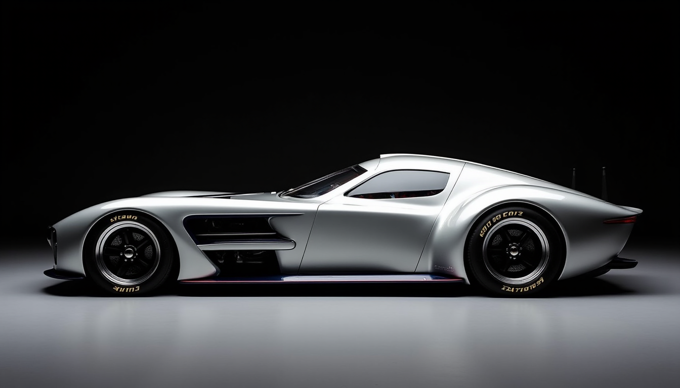 A picture of a futuristic race car prototype similar to a Auto Union Type C yfg-sde in a dark studio. Perpendicular shot from the side.