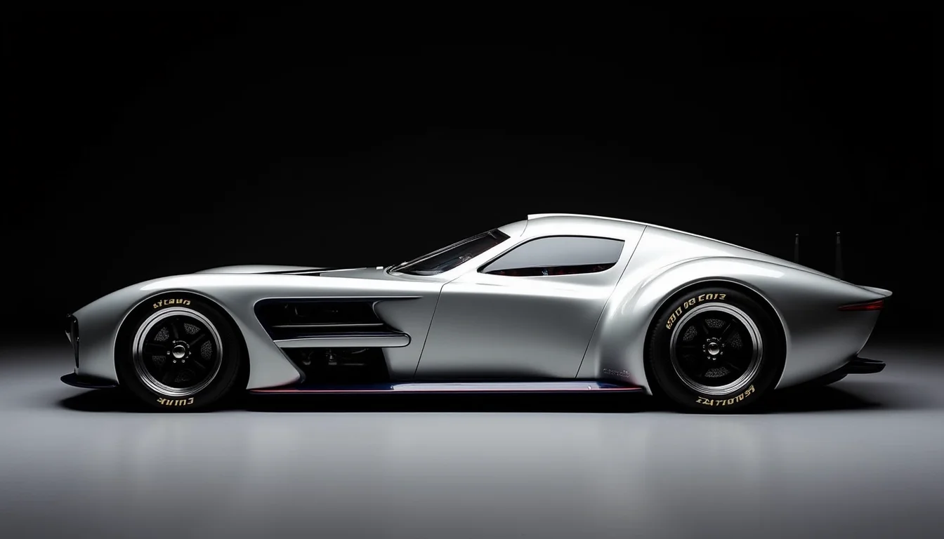 A picture of a futuristic race car prototype similar to a Auto Union Type C yfg-sde in a dark studio. Perpendicular shot from the side.
