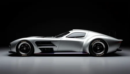 A picture of a futuristic race car prototype similar to a Auto Union Type C yfg-sde in a dark studio. Perpendicular shot from the side.