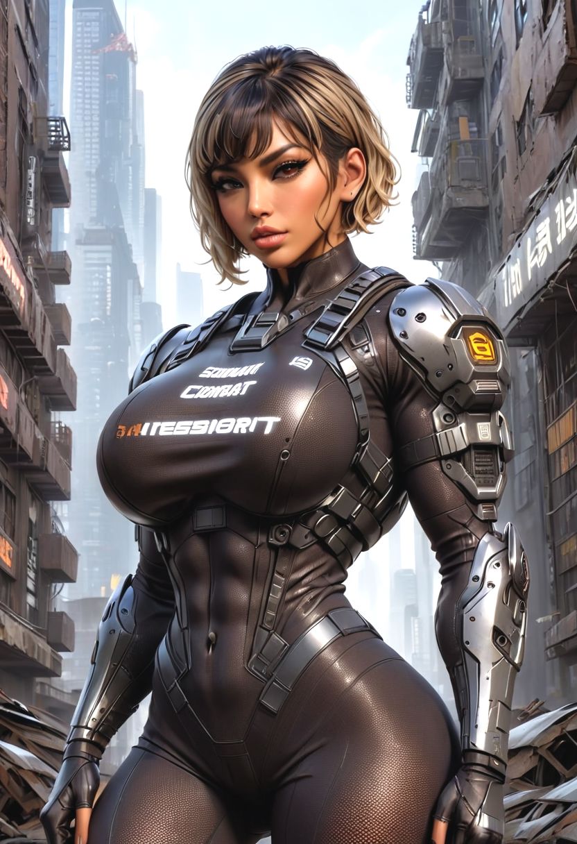 SFW, Masterpiece, intricate details,Ramona Vegas from the Movie Hustlers, Tan skin, golden skin, small, huge boobs,  brown eyes, big eyes, dark brown hair, blonde highlights, ((long bang covering one eye)) ,  Latina woman,  high cheeks bones,  golden skin, tan skin,) , muscular body, RPCC,GBIH, , ((( curly pixie cut hair))), ((very short hair)),  ((sides and back shaved curly on top)), (((dark brown hair))), (((heavy eyeliner))), ((long fake eyelashes)), ((tan skin)), darkskin,  thick lips,((bimbo lips)) , RPCC,GBIH, muscular arms,  BREAK, cyberpunk bodysuit, , cleavage,(( cyberpunk)), leather pants, (((masterpiece))), ((best quality)), ((intricate detailed)),  cyberpunk cloth armor, detailed background,  walking in destroyed cyberpunk city, BREAK, Female Bodybuilding Style, massive breasts,  no bra, covered nipples, full body view, cameltoe, ais-mechdystopia, ((fishnet bodysuit underneath other clothes)), covered nipples, long sleeves, covered legs, Cyberpunk, muscle_bimbo, cleavage, technobrutalist, catastrophe, ruined, famima, <lora:Bodysuit v13:0.8>, mad-bdyarmr
