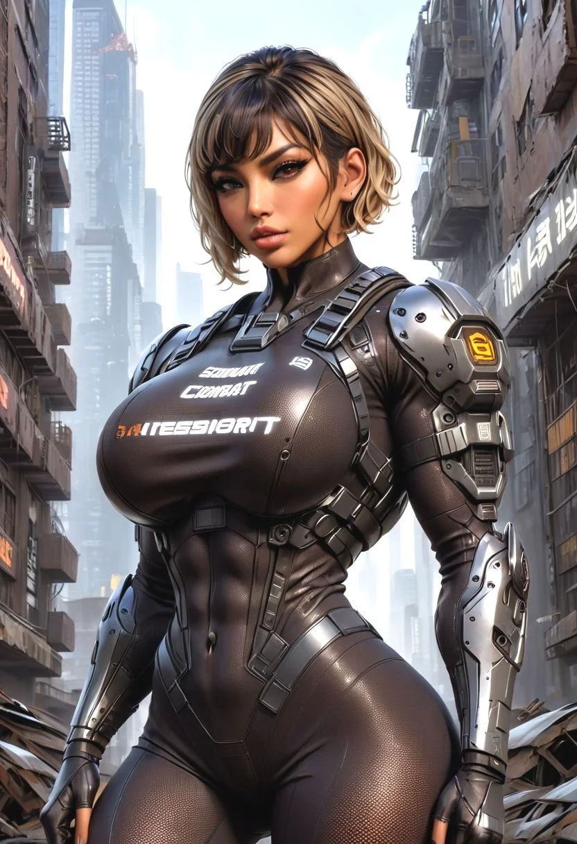 SFW, Masterpiece, intricate details,Ramona Vegas from the Movie Hustlers, Tan skin, golden skin, small, huge boobs, brown eyes, big eyes, dark brown hair, blonde highlights, ((long bang covering one eye)) , Latina woman, high cheeks bones, golden skin, tan skin,) , muscular body, RPCC,GBIH, , ((( curly pixie cut hair))), ((very short hair)), ((sides and back shaved curly on top)), (((dark brown hair))), (((heavy eyeliner))), ((long fake eyelashes)), ((tan skin)), darkskin, thick lips,((bimbo lips)) , RPCC,GBIH, muscular arms, BREAK, cyberpunk bodysuit, , cleavage,(( cyberpunk)), leather pants, (((masterpiece))), ((best quality)), ((intricate detailed)), cyberpunk cloth armor, detailed background, walking in destroyed cyberpunk city, BREAK, Female Bodybuilding Style, massive breasts, no bra, covered nipples, full body view, cameltoe, ais-mechdystopia, ((fishnet bodysuit underneath other clothes)), covered nipples, long sleeves, covered legs, Cyberpunk, muscle_bimbo, cleavage, technobrutalist, catastrophe, ruined, famima, <lora:Bodysuit v13:0.8>, mad-bdyarmr