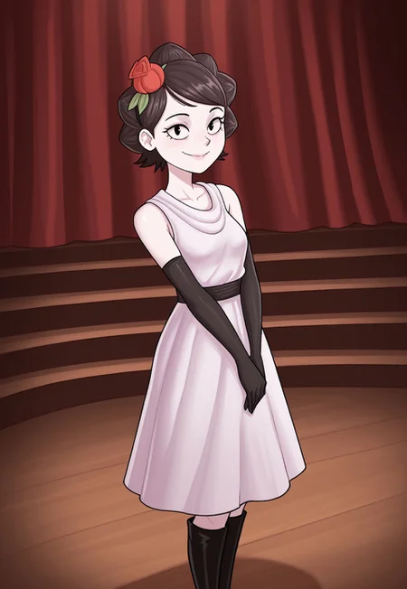 masterpiece, best quality, amazing quality, very aesthetic, absurdres, DSTCharlie, 1girl, solo, female focus, black hair, short hair, black eyes, white skin, small breasts, hair flower, black elbow gloves, white dress, black sash, black knee boots, own hands together, smile, looking at viewer, stage, perspective