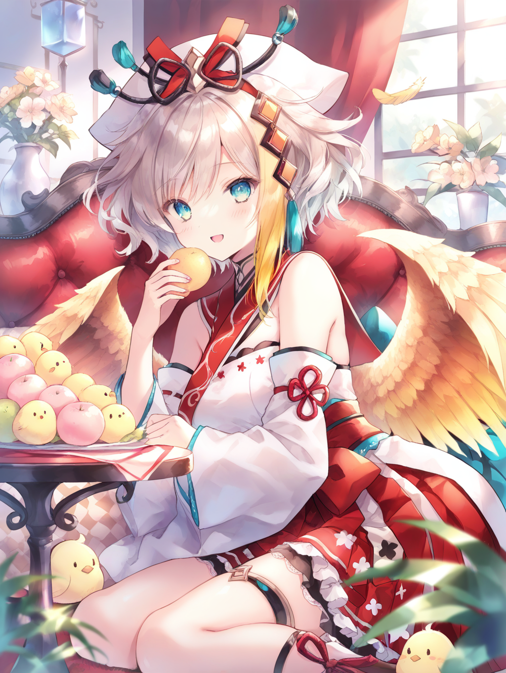 (masterpiece,best quality,ultra_detailed,highres,absurdres:1.2,amazing quality,very aesthetic),<lora:Resplendent Phoenix_ilxl_v1-000009:0.8>,1girl,food,solo,detached sleeves,wings,holding food,feathered wings,bird,holding,looking at viewer,wide sleeves,fruit,animal,long sleeves,sitting,smile,chick,flower,grey hair,open mouth,couch,brown wings,resplendent phoenix\(base\),blonde hair,