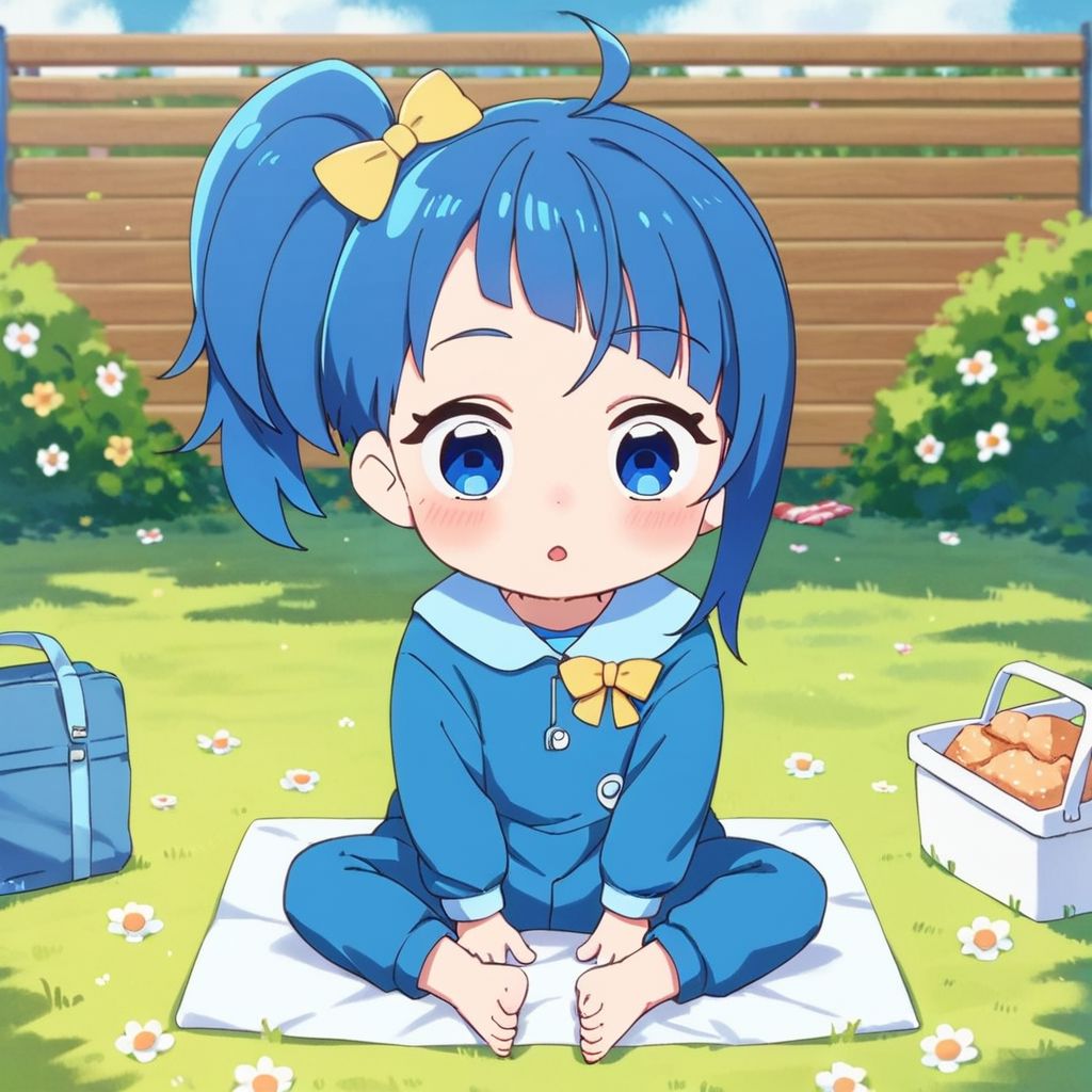 score_9, score_8_up, score_7_up, source_anime, (rating_safe:1.3), BREAK Sora Harewataru, blue eyes, blue hair, side ponytail, yellow bow, blue onesie, picnic