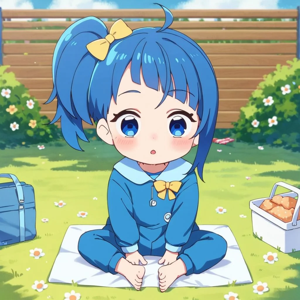 score_9, score_8_up, score_7_up, source_anime, (rating_safe:1.3), BREAK Sora Harewataru, blue eyes, blue hair, side ponytail, yellow bow, blue onesie, picnic