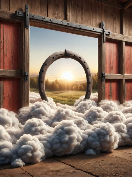 ais-cloudz horseshoe hanging above a rustic barn door, sunset in the background <lora:Cloudz_Style_SDXL:1>