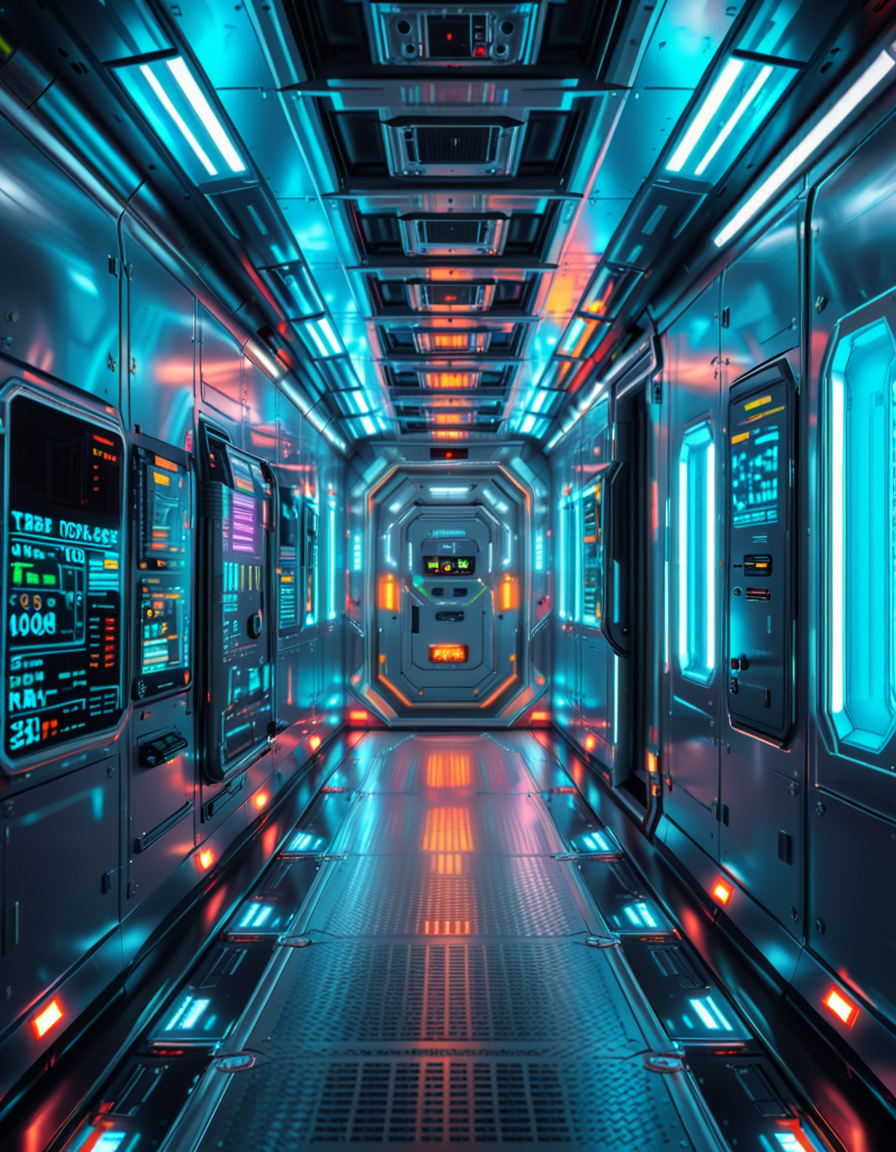 A highly detailed futuristic spaceship corridor, illuminated by soft neon blue and purple lights. The walls are made of sleek metallic panels, with glowing circuits and holographic displays integrated into the design. The floor is reflective and polished, with a faint grid pattern that emits a subtle white glow. Pipes and cables run along the ceiling, interspersed with small ventilation grids and blinking lights. The corridor stretches into the distance, creating a sense of depth, with a slight curve that hints at the massive scale of the spacecraft. The atmosphere feels clean, modern, and slightly sterile, with a sci-fi aesthetic inspired by movies like Blade Runner and Star Wars. The overall lighting is ambient and slightly dim, accentuating the futuristic ambiance. No characters or people are present, focusing entirely on the corridor's architecture and design.<lora:SDXLFaeTastic2400:0.4> <lora:extremely_detailed:0.4> extremely detailed, <lora:futuristic_spaceship_c0rr1d0r:1>,futuristic spaceship c0rr1d0r, Masterpiece,best quality,hi res,8k,hi res,8k,award winning,(sharp focus, intricate, highly detailed),