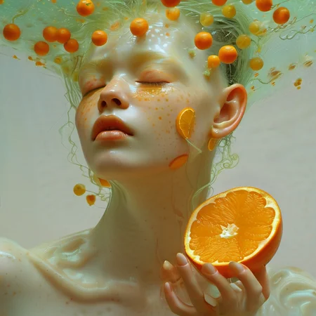 texture 1girl, solo, closed eyes, liquid hair, orange (fruit), profile, parted lips, portrait, realistic, teeth, lips, orange slice, food, open mouth, from side, fruit ,<lora:renlian-000005:1>, top down close-up