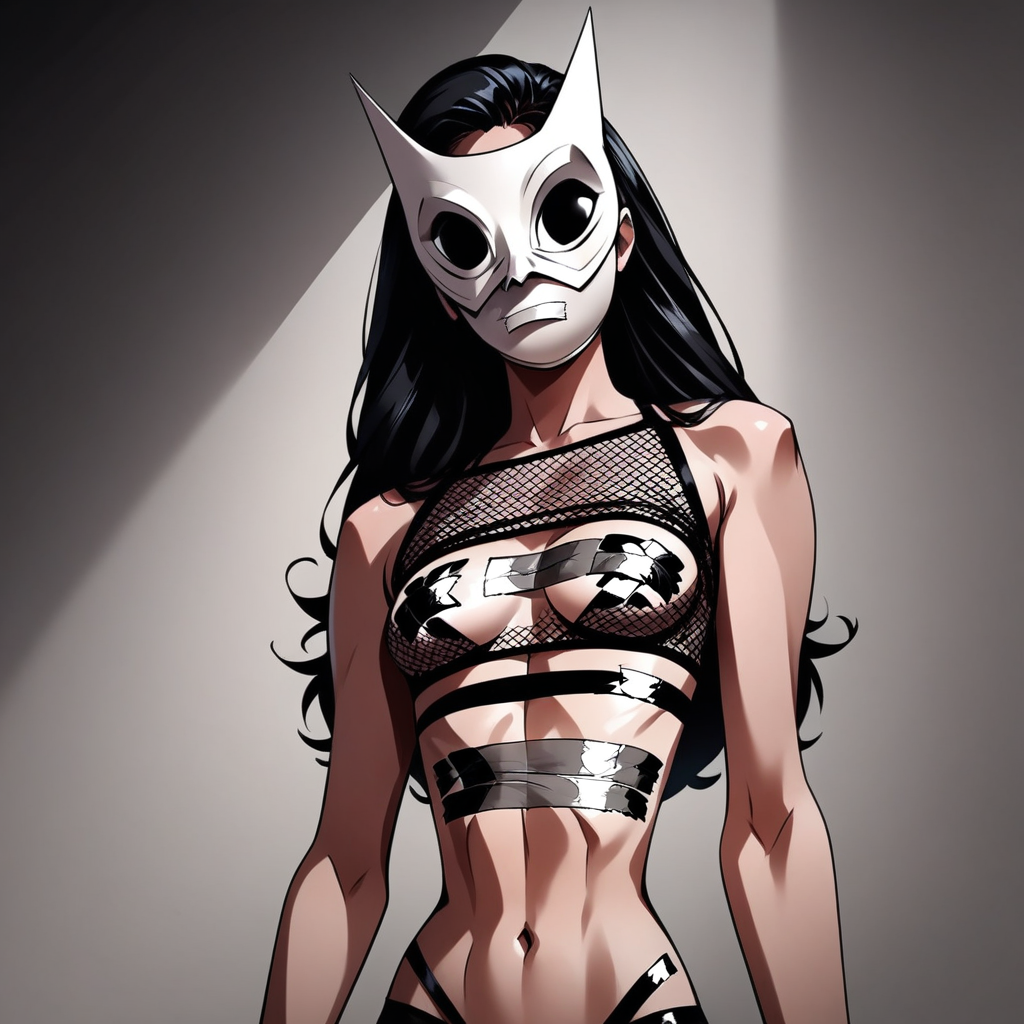 score_9, score_8_up, score_7_up, score_6_up, score_5_up, score_4_up, source_anime, masked_woman, m4skedw0m4n, (masterpiece), high quality, 4k, Artist style: Bruce Timm, DCAU, DC comics, Western Comics, BREAK, 1woman, Calendar Girl, (Page Monroe), long hair, black hair, lingerie:1.3,  ((black_tape_project:1.5)), petite, revealing clothing, (white mask), (mask:1.6), gloves, (black eyes:1.5), (no eyes:1.4)