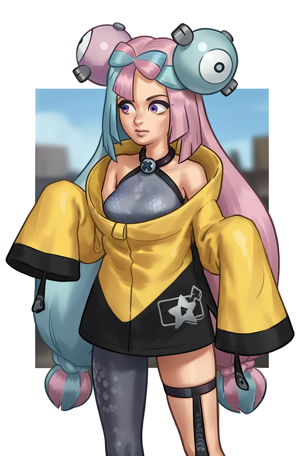 Score_8_up, score_7_up, Score_9, BREAK, solo, 1girl, iono, grey dress, sleeveless dress, yellow jacket, logo, oversized clothes, sleeves past hands, thigh strap, single pantyhose leg, Drawn in the style of Summertime Saga, looking to side<lora:EMS-413739-EMS:0.600000>, <lora:EMS-330907-EMS:1.000000>