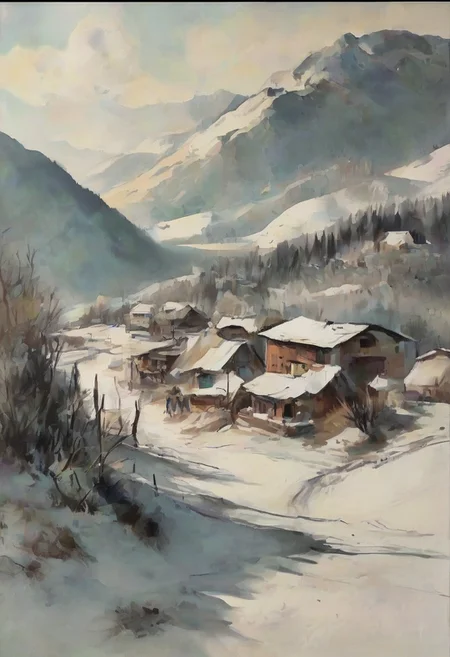 rough watercolor, a small village in the austrian alps, winter, hard shadows, 4k, uhd, masterpiece
