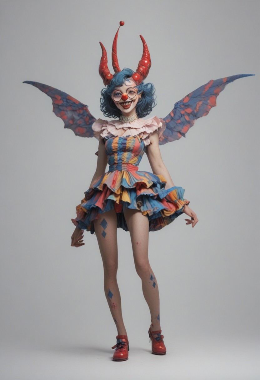 score_9, score_8_up, score_7_up, score_6_up, 
1girl, clown girl, 
roundglassesb, big round glasses, 
slim, slender, long legs, 
clown suit, frilly skirt,
wings, fangs, horns