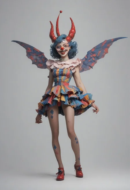 score_9, score_8_up, score_7_up, score_6_up, 
1girl, clown girl, 
roundglassesb, big round glasses, 
slim, slender, long legs, 
clown suit, frilly skirt,
wings, fangs, horns