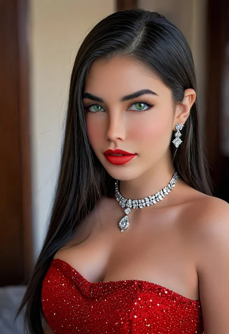 photorealistic, epic realism, (masterpiece), (Realistic photo), (High quality), (RAW photo 8k), (upper body), (Photography by Steve McCurry), incredibly absurdres, young, supermodel, 1girl, solo, ((upper body:1.4)), ((portrait, looking at the viewer)), (outline defined full lips:1.4), (green/hazel eyes), perfect symmetrical eyes, long eyelashes, wearing an red haute couture dress, neckline, diamond choker, diamond stud earrings, sparkle, (highly detailed, intricate), ((black hair:1.4), modern hairstyle, hair intakes, (healthy hair, silky hair, voluminous hair)), ((natural, eyeliner, seductive smiling expression, closed mouth, closed lips, highly detailed face)), (exceptional Detail Clarity, dynamic angle, DSLR, hyper-detailed), (fine details, sharp focus, depth of field).