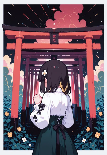 masterpiece, best quality,
(from behind, back shot),
pastel cyan eyes, blonde hair, multi colored hair, long hair, hair ornament, twintale, colored inner hair,
small breasts,
white shirt, frills, long sleeves, dark black green skirt, center frills,
frilled skirt, high-waist skirt, puffy long sleeves, black bow, collared shirt, puffy sleeves, laced sleeves ,
1girl, solo, upper body,
praying, many flowers in background,
simple gradient lapis lazuli background with thick white border,
layered thick symmetrical clouds,
((many randomly tilted japanese red torii gates in background)), (light particles, many shooting starts),
flat vector illustration, fl4t,