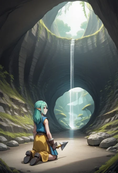 Caitis, 1 person, Lapanya, light skin, teal hair, ((tall)), solo, pointy ears, snout nose, brown eyes, long hair, sleeveless vest,
half-lidded eyes,
((Megaman zero style, medieval style)):1.0, Dutch angle, side view,
Kneeling, (holding tool in both hands, flat blade, wooden handle), scraping floor, scraping moss,
Organic cavern, underground, tunnel, luminous moss, smooth walls, Lapanya in background,
highly detailed face, high quality, best quality, masterpiece, score: 9, score: 8 up, rating: safe, ((source: anime)),