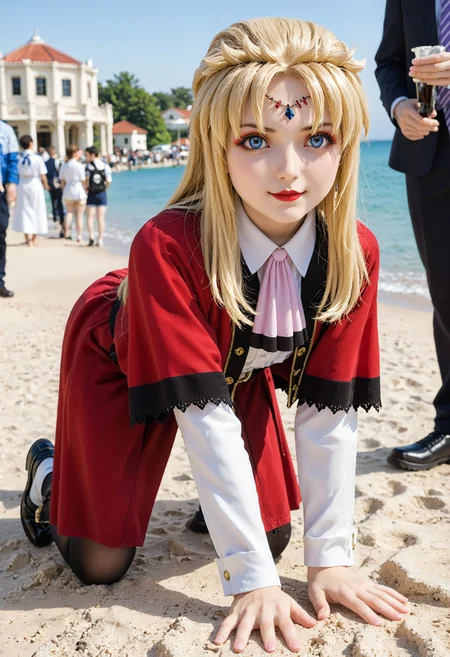 <lora:Hyper-SDXL-8steps-lora:1> <lora:Fixhands_anime_bdsqlsz_V1:1> zPDXL2, score_9, score_8_up, score_7_up, source_anime, intricate details, perfect anatomy BREAK
outdoors, beach, ocean, audience, crowd, all fours, upskirt, Flirty, A playful smile, arched eyebrows, and a slightly tilted head., dynamic angle, 
1girl, solo <lora:GSF-aura50yo_XL(pony)v11:1> gsf-aura50yo, blonde hair, long hair, blue eyes, circlet, lipstick, makeup, gsf-aura50yo outfit, red capelet, white jacket, purple ascot, red skirt, red pantyhose, black shoes,
