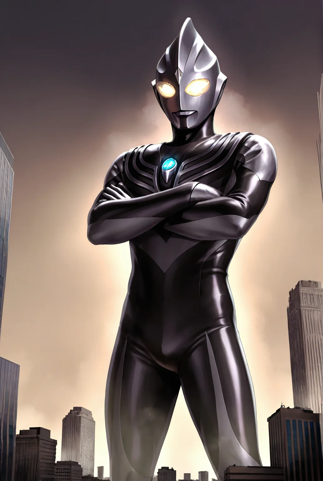 very awe,aesthetically pleasing,masterpiece,best quality,amazing quality,very aesthetic,ultra-detailed,high resolution,8k,1boy,solo,cowboy shot,male focus,detailed face,black bodysuit,tokusatsu,alien,yellow eyes,glowing eyes,standing,crossed arms,giant,cityscape,<lora:ultraman tiga dark:0.7>,t1ga dark,