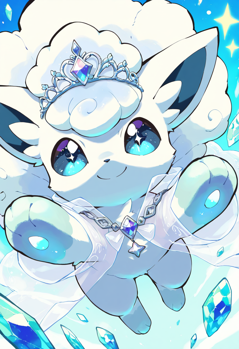 masterpiece, best quality, (no humans:1.1), solo, smile, looking at viewer, dynamic angle, foreshortening, close up,      zzVulpixA, fluffy, white fur,  ,<lora:VulpixAlolanPokedex_IXL_v1:1.0>,   [Aetherial Enchanter], transparent robe with shimmering silver edges, sparkling gemstone belt with star charms, soft glowing gloves, ethereal sandals with crystal heels, starry diadem floating above, mist and magic swirling around, astral plane backdrop with nebulae and floating stars, hands weaving unseen forces,
