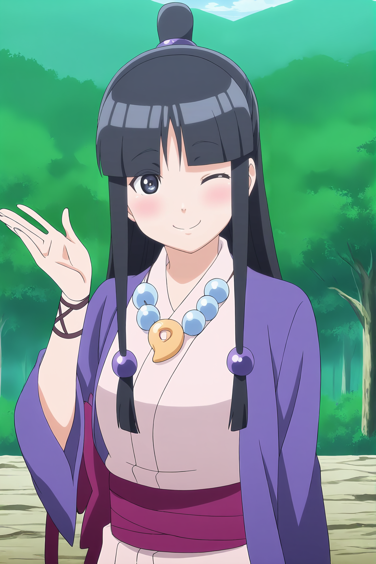 anime screencap,anime coloring,detailed face,masterpiece,best quality,very aesthetic,absurdres,amazing quality,ultra detailed,highres,amazing quality,scenery,beautiful detailed hair,beautiful detailed eyes,official anime artwork,<lora:Maya Fey-IL V1:1>,Maya Fey,1girl,black hair,japanese clothes,long hair,sidelocks,magatama,kimono,blunt bangs,necklace,jewelry,hair ornament,smile,one eye closed,
