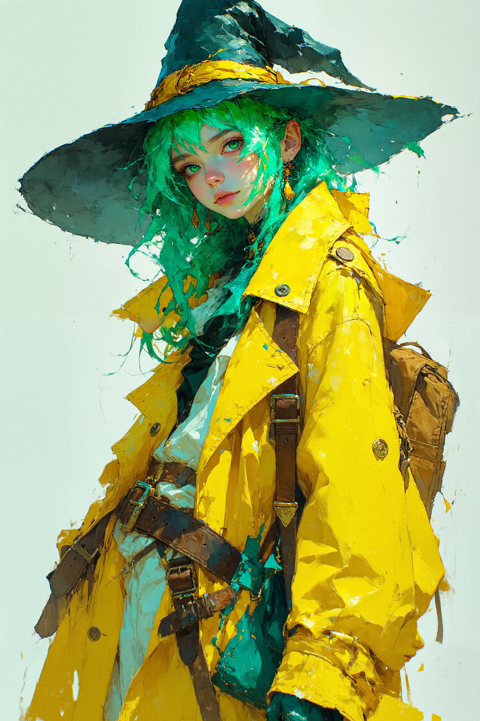 art by greg rutkowski, loish, rhads, ferdinand knab, makoto shinkai, lois van baarle, ilya kuvshinov, rossdraws, tom bagshaw and alphonse mucha, digital art, In a vibrant and colorful digital art, a young girl Trench coated in an eclectic outfit with bright green hair is depicted wearing a classic witch trench coat, her hair adorned with intricate designs of turquoise and brown. matte skin