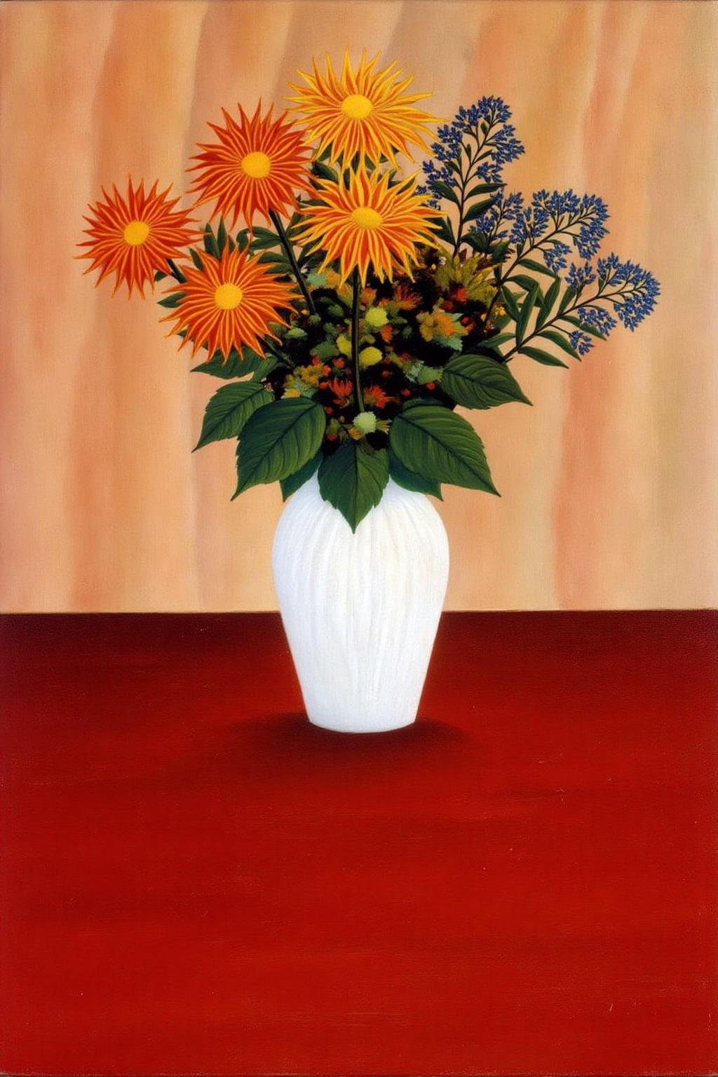 henrirousseau2 painting
The scene showcases a bouquet of flowers in a vase placed on a deep red tablecloth that covers the entire surface, contrasting with the lighter colors of the flowers and vase. <lora:henrirousseau2_cap_d6a3:1.0><lora:834012258947439331:0>