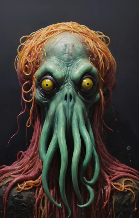 a colorful painting of cthulu, extreme close-up, spaghetti monster, halloween theme aesthetics, in the style of nicola samori <lora:NicolaSamori:0.8>