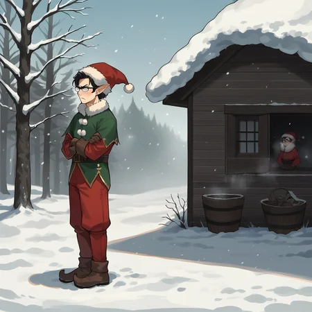 score_9, score_8_up, score_7_up, score_6_up, score_5_up, score_4_up, zPDXL2,source_anime,rating_questionable, outdoors, snow, rustic village, scowl, arms folded, <lora:Christmas_Elf:0.7>1boy ,pointy ears, pointy ears, straight black hair, glasses, santa hat, fur trim, gloves, red pants