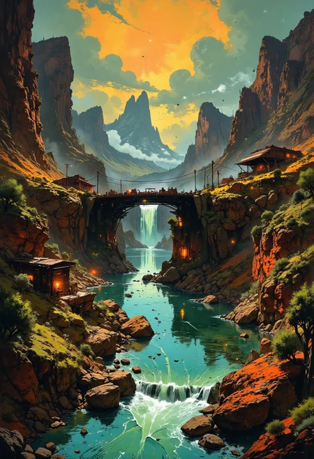 oil painting, rough, textural, broad brush strokes, of a bustling city on an alien planet, a bridge running over a clear, fast-flowing large river with azure waters, mythp0rt